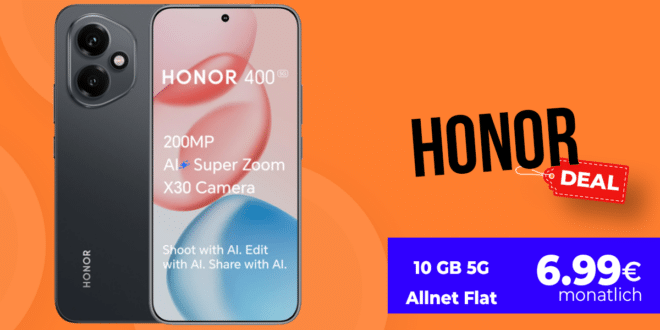Honor 400 256GB für einmalig 29 Euro mit 10GB Allnet Flatrate nur 6.99 Euro monatlich