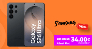 Samsung Galaxy S26 Ultra 512GB mit Gutscheincode für einmalig 249 Euro mit 200GB Allnet Flat nur 34.00 Euro monatlich