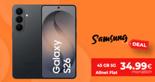 Samsung Galaxy S26 512GB mit Gutscheincode für einmalig 9 Euro mit 45GB Allnet Flat und 100 Euro Wechselbonus nur 34.99 Euro monatlich