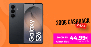 Samsung Galaxy S26 für einmalig 24 Euro mit 50GB Allnet Flat und 150 Euro Wechselbonus und 240 Euro Cashback nur 44.99 Euro monatlich