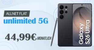 Samsung Galaxy S26 Ultra mit o2 unlimited Allnet Flat nur 44.99 Euro monatlich