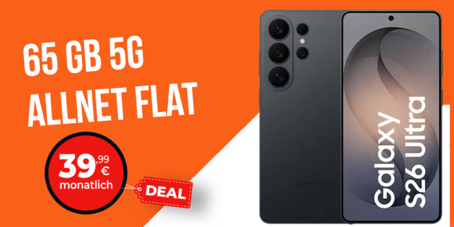 Samsung Galaxy S26 512GB mit Gutscheincode für einmalig 249 Euro mit 65GB Allnet Flat und 100 Euro Wechselbonus nur 39.99 Euro monatlich