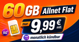 monatlich kündbar – 60GB Allnet Flat nur 9.99 Euro monatlich – nur 9.99€ Anschlusspreis