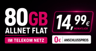 80GB Allnet Flat im Telekom Netz nur 14.99€ monatlich - 0€ Anschlusspreis