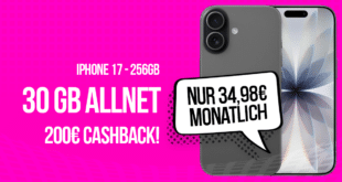 iPhone 17 für einmalig 229 Euro mit 30GB Allnet Flat und 200 Euro Cashback und 50 Euro Wechselbonus nur 34.98 Euro monatlich
