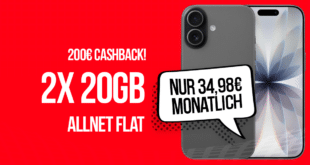 iPhone 17 für einmalig 199 Euro mit 2x 20GB Allnet Flat und 200 Euro Cashback und 50 Euro Wechselbonus nur 34.98 Euro monatlich