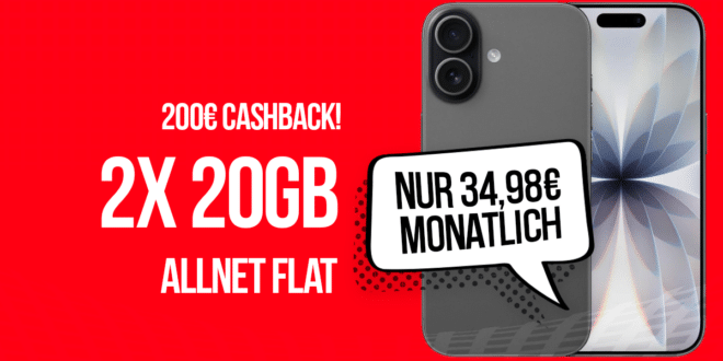 iPhone 17 für einmalig 199 Euro mit 2x 20GB Allnet Flat und 200 Euro Cashback und 50 Euro Wechselbonus nur 34.98 Euro monatlich
