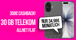 iPhone 17 für einmalig 199 Euro mit 30GB Allnet Flat und 300 Euro Cashback und 50 Euro Wechselbonus nur 34.98 Euro monatlich