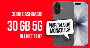 iPhone 17 für einmalig 199 Euro mit 30GB Allnet Flat und 75 Euro Wechselbonus und 300 Euro Cashback nur 34.99 Euro monatlich