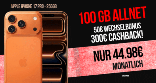 iPhone 17 Pro für einmalig 399 Euro mit 100GB Allnet Flat und 300 Euro Cashback und 50 Euro Wechselbonus nur 44.98 Euro monatlich