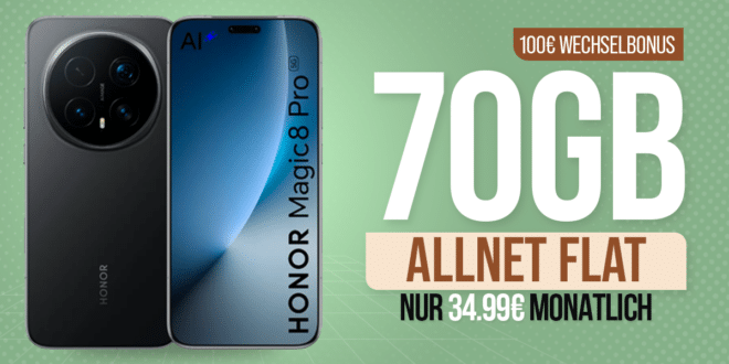 Honor Magic 8 Pro mit Voucher für einmalig 239 Euro mit 70GB Allnet Flat und 100 Euro Wechselbonus nur 34.99 Euro monatlich