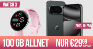 Google Pixel 10 Pro & Pixel Watch 3 für einmalig 89 Euro mit 100GB Allnet Flat nur 29.99 Euro monatlich