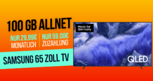 Samsung 65 Zoll QLED 4K Vision AI Smart TV für einmalig 59 Euro mit 100GB Allnet Flat nur 29.99 Euro monatlich