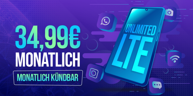 monatlich kündbar im o2 Netz – unlimited Max (5G max. 300 MBit/s) Allnet Flat nur 34.99 Euro monatlich – Anschlusspreis nur 9.99€