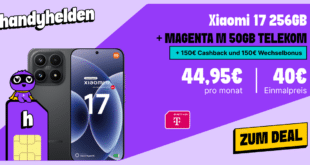 Xiaomi 17 256GB für einmalig 40 Euro mit 50GB Allnet Flat und 150 Euro Wechselbonus und 150 Euro Cashback nur 44.95 Euro monatlich