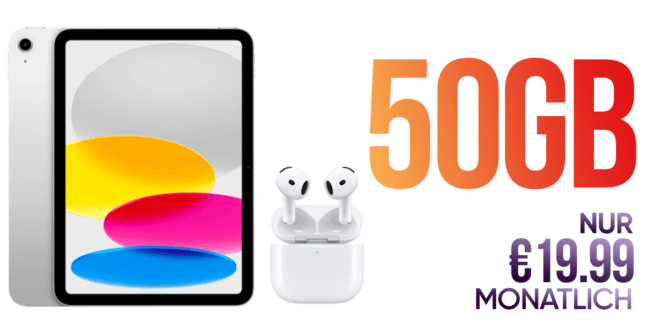 iPad (2025) 11'' WiFi & Apple AirPods 4th Generation mit ANC für einmalig 49 Euro mit 50GB Allnet Flat nur 19.99 Euro monatlich