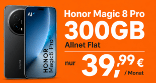 Honor Magic 8 Pro für einmalig 140 Euro mit 300GB Allnet Flat und 100 Euro Wechselbonus nur 39.99 Euro monatlich