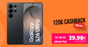 Samsung Galaxy S26 Ultra 512GB für einmalig 89 Euro mit 50GB Allnet Flat und 120€ Cashback und 50 Euro Wechselbonus nur 39.98 Euro monatlich