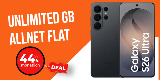 Samsung Galaxy S26 Ultra mit Gutscheincode für einmalig 159 Euro mit Vodafone unlimited Allnet Flat und 100 Euro Wechselbonus nur 44.99 Euro monatlich