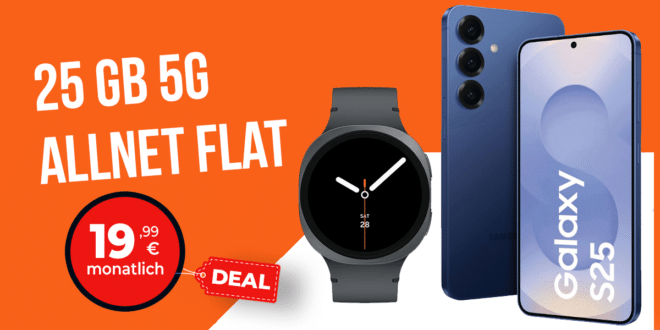 Samsung Galaxy S25 & Galaxy Watch8 für einmalig 178 Euro mit 25GB Allnet Flat nur 19.99 Euro monatlich