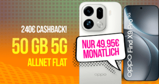 OPPO Find X9 Pro mit Voucher für einmalig 369 Euro mit 50GB Allnet Flat und 240 Euro Cashback nur 49.95 Euro monatlich