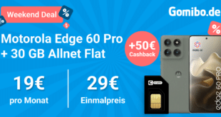 Motorola Edge 60 Pro 512GB für einmalig 29 Euro mit 30GB Allnet Flat und 50 Euro Cashback und 40 Euro Wechselbonus nur 19 Euro monatlich