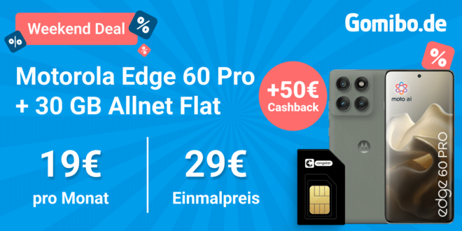 Motorola Edge 60 Pro 512GB für einmalig 29 Euro mit 30GB Allnet Flat und 50 Euro Cashback und 40 Euro Wechselbonus nur 19 Euro monatlich