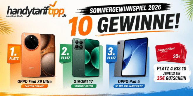 HandyTarifTipp.de Sommergewinnspiel 2026: Gewinne das OPPO Find X9 Ultra, Xiaomi 17 & mehr!