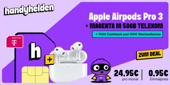 Airpods Pro 3 mit 50GB Allnet Flat und 150€ Wechselbonus und 150€ Cashback nur 24.95 Euro monatlich