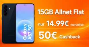 Samsung Galaxy A57 für einmalig 69 Euro mit 15GB Allnet Flat und 50€ Cashback nur 14.99 Euro monatlich