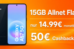 Samsung Galaxy A57 für einmalig 69 Euro mit 15GB Allnet Flat und 50€ Cashback nur 14.99 Euro monatlich
