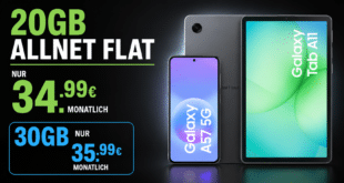 Samsung Galaxy A57 & Galaxy Tab A11 für einmalig 19 Euro mit 20GB Allnet Flat nur 34.99 Euro monatlich - 30GB nur 35.99€ monatlich