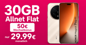Honor Magic 8 Pro Sunrise Gold für einmalig 1 Euro mit 30GB Allnet Flat & 50€ Wechselbonus nur 29.99 Euro monatlich