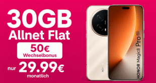 Honor Magic 8 Pro Sunrise Gold für einmalig 1 Euro mit 30GB Allnet Flat & 50€ Wechselbonus nur 29.99 Euro monatlich