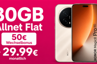 Honor Magic 8 Pro Sunrise Gold für einmalig 1 Euro mit 30GB Allnet Flat & 50€ Wechselbonus nur 29.99 Euro monatlich