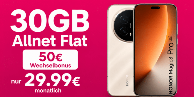 Honor Magic 8 Pro Sunrise Gold für einmalig 1 Euro mit 30GB Allnet Flat & 50€ Wechselbonus nur 29.99 Euro monatlich