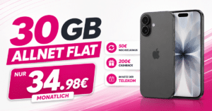 iPhone 17 für einmalig 169 Euro mit 30GB Allnet Flatrate und 200 Euro Cashback und 50 Euro Wechselbonus nur 34.98 Euro monatlich