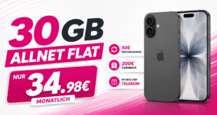 iPhone 17 für einmalig 169 Euro mit 30GB Allnet Flat und 200 Euro Cashback und 50 Euro Wechselbonus nur 34.98 Euro monatlich