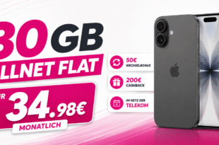 iPhone 17 für einmalig 169 Euro mit 30GB Allnet Flatrate und 200 Euro Cashback und 50 Euro Wechselbonus nur 34.98 Euro monatlich