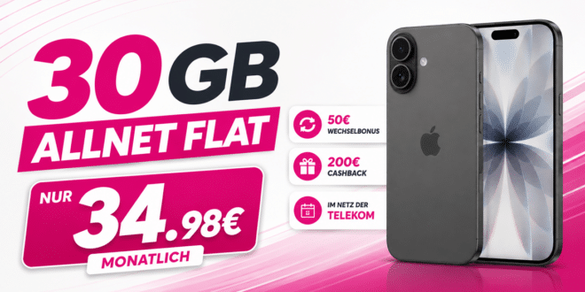 iPhone 17 für einmalig 169 Euro mit 30GB Allnet Flat und 200 Euro Cashback und 50 Euro Wechselbonus nur 34.98 Euro monatlich