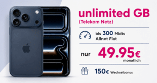 iPhone 17 Pro für einmalig 289 Euro mit unlimited Allnet Flat und 150 Euro Wechselbonus nur 49.95 Euro monatlich