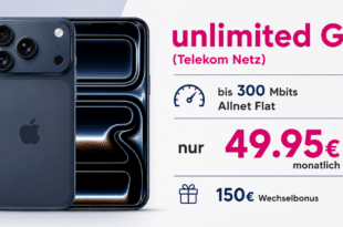 iPhone 17 Pro für einmalig 289 Euro mit unlimited Allnet Flat und 150 Euro Wechselbonus nur 49.95 Euro monatlich