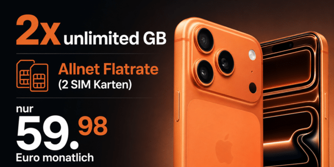 iPhone 17 Pro Max 512GB für einmalig 399 Euro mit 2x unlimited o2 Allnet Flat (2 SIM Karten) für zusammen nur 59.98 Euro monatlich