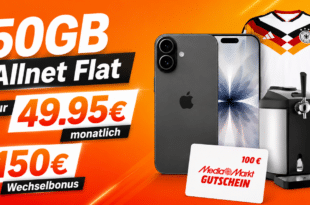 iPhone 17 & Bierzapfanlage & DFB Heimtrikot & 100€ MediaMarkt Gutschein für einmalig 159 Euro mit 50GB Allnet Flat und 150€ Wechselbonus nur 49.95 Euro monatlich