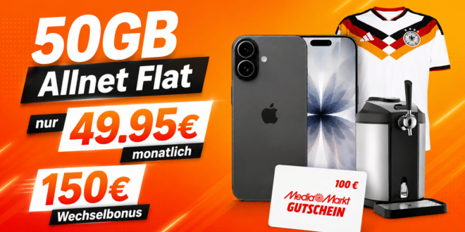 iPhone 17 & Bierzapfanlage & DFB Heimtrikot & 100€ MediaMarkt Gutschein für einmalig 159 Euro mit 50GB Allnet Flat und 150€ Wechselbonus nur 49.95 Euro monatlich