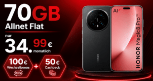 Honor Magic8 Pro für einmalig 159 Euro mit 70GB Allnet Flat und 100€ Wechselbonus und 50€ Cashback nur 34.99 Euro monatlich