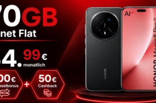 Honor Magic8 Pro für einmalig 159 Euro mit 70GB Allnet Flat und 100€ Wechselbonus und 50€ Cashback nur 34.99 Euro monatlich