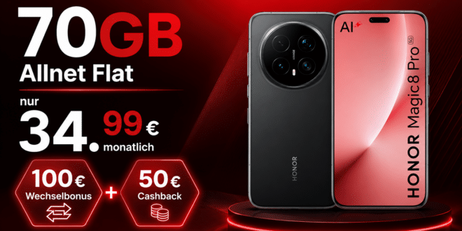 Honor Magic8 Pro für einmalig 159 Euro mit 70GB Allnet Flat und 100€ Wechselbonus und 50€ Cashback nur 34.99 Euro monatlich