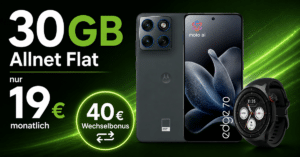 Motorola Edge 70 512GB & Motorola Watch mit 30GB Allnet Flat und 40€ Wechselbonus nur 19 Euro monatlich