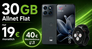 Motorola Edge 70 512GB & Motorola Watch mit 30GB Allnet Flat und 40€ Wechselbonus nur 19 Euro monatlich